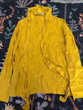 Yellow Button-Front Tie Neck Blouse